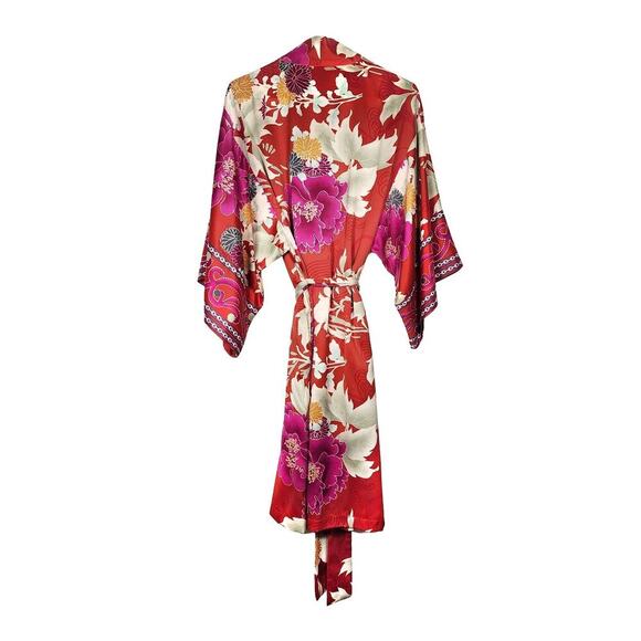 Natori Auburn Floral Robe Satin Red Orange Print Pockets Tie Waist Kimono Size S - Picture 8 of 8